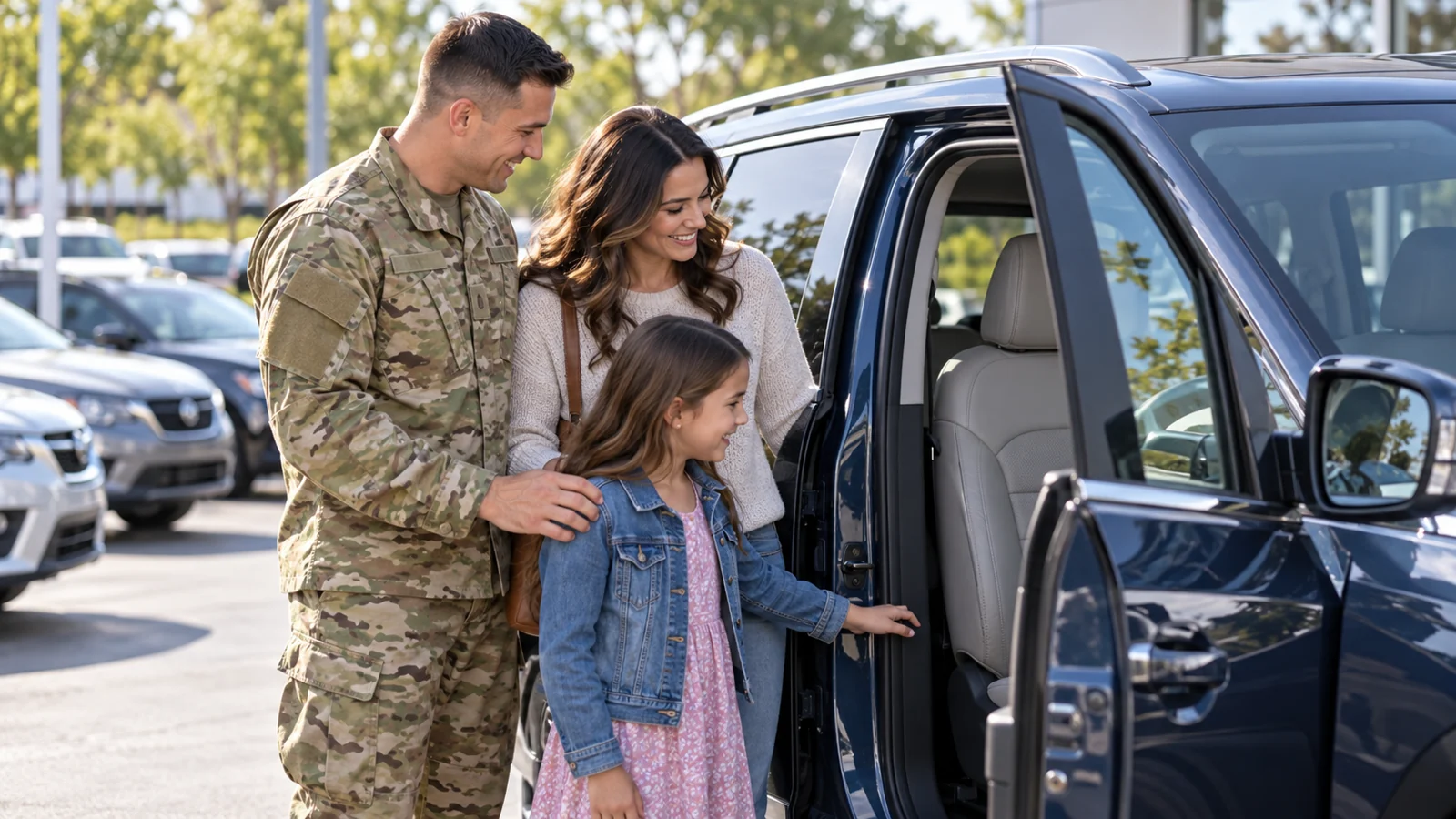 An illustrative service member and family exploring an SUV at a dealership
