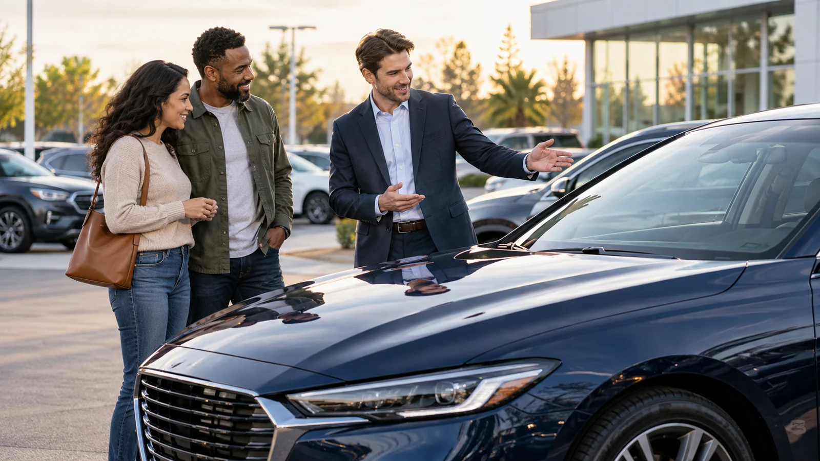 Illustrative couple discussing vehicle choices with a salesperson