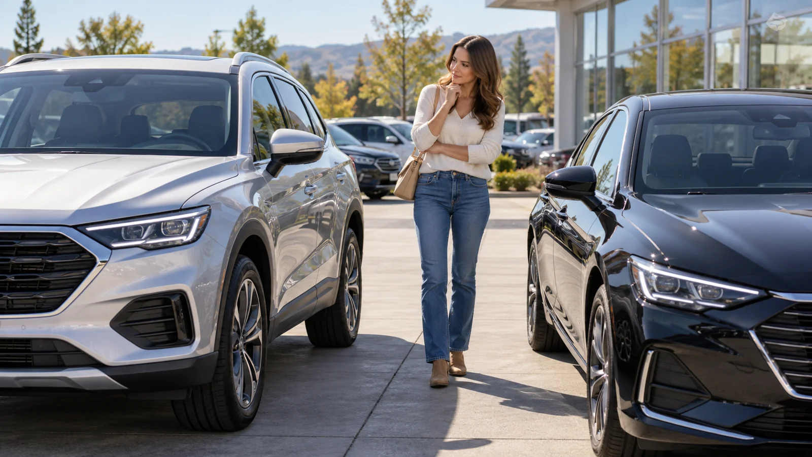 Illustrative customer comparing two vehicles on a dealership lot