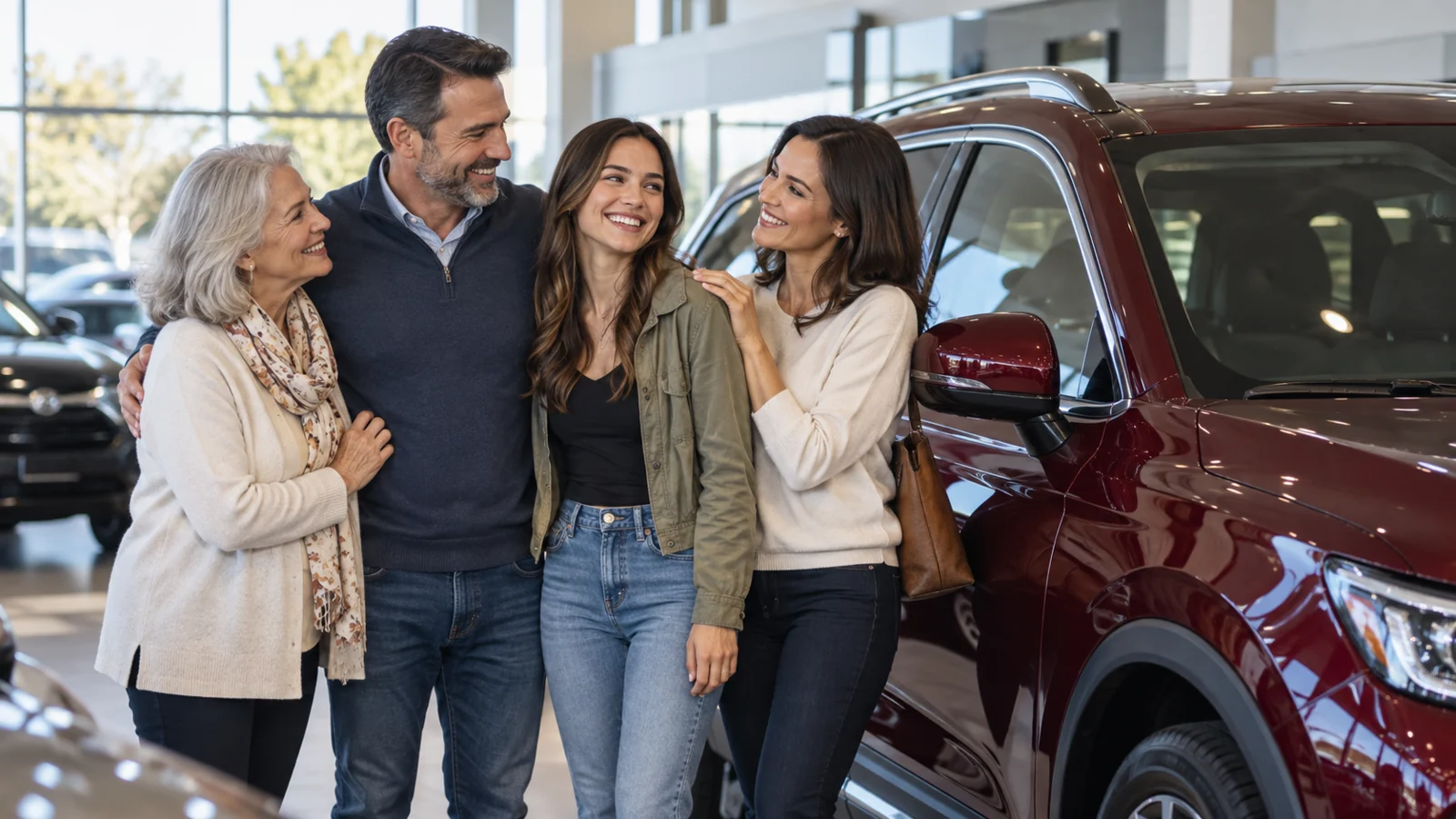 Illustrative family celebrating a vehicle purchase, not pictured reviewers