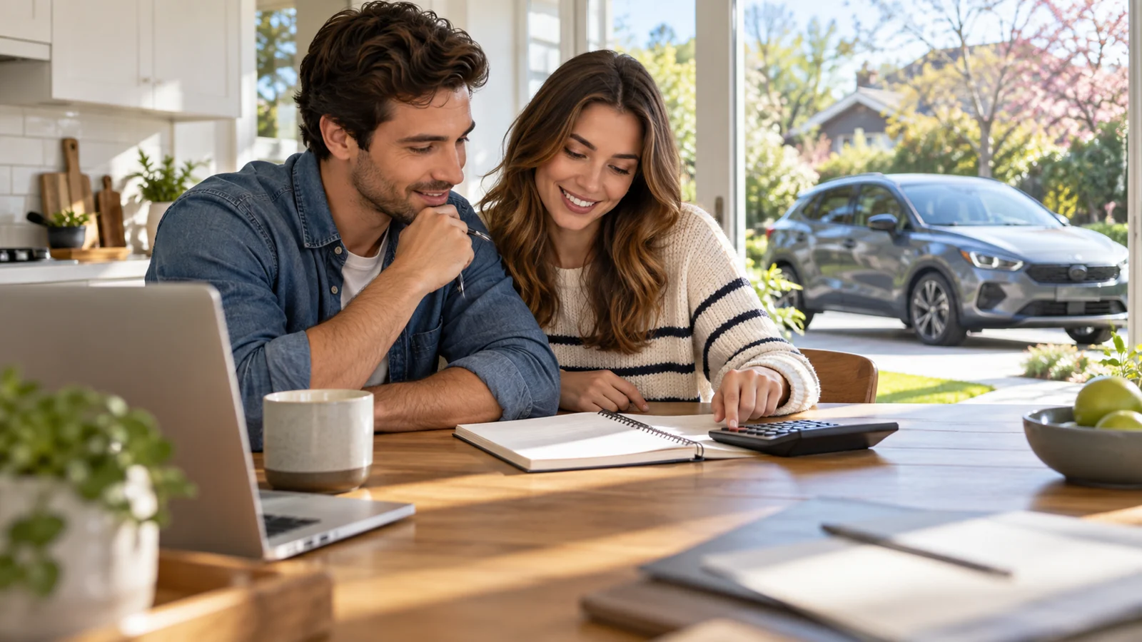Illustrative couple planning a vehicle purchase budget at home